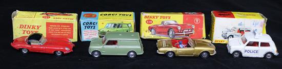 A Corgi 450 Austin Mini van, Corgi 120 Police car, a cortina, Chevrolet, E type, Corgi 114 Spitfire, Corgi 250 Mini